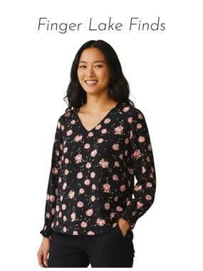 NWT Black Floral Blouse with Smocking Details, L